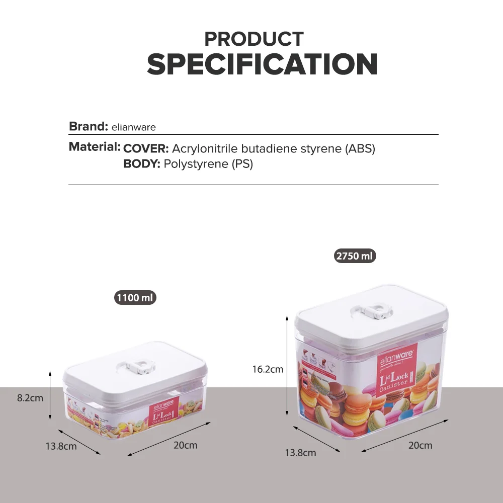 Elianware Airtight Plastic Container Multipurpose Food Storage Canister with Rectangular Lid for Kitchen Use Coffee Storage