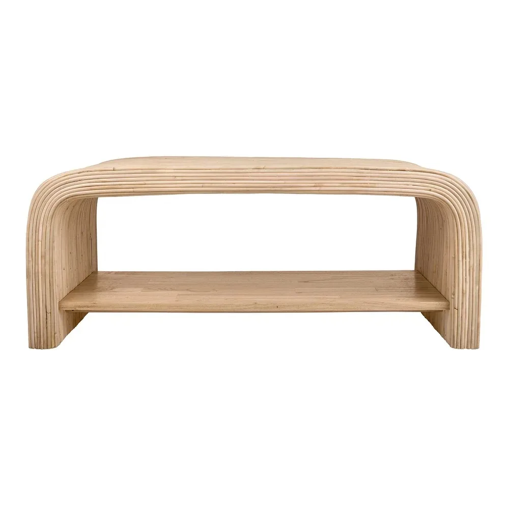 Modern Vintage Curved Rattan Console Table with Open Shelf Stylish Storage and Display Solution for Living Room Dining Home
