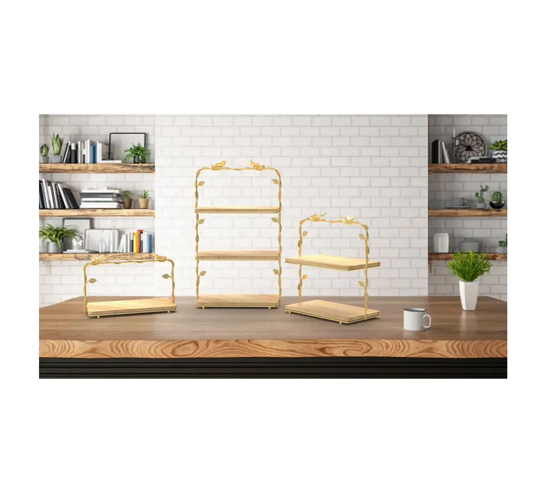 New Simple Wood & Metal Design Leaf Shape Base cake Stand Server with Marble Top Cheap Wholesale Trendy Hot Sale Desert cake Ser