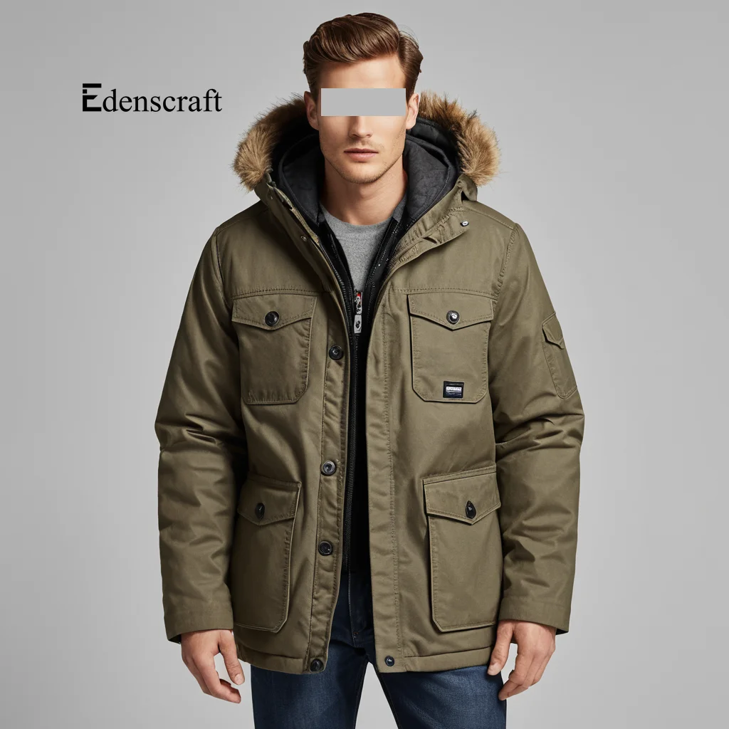 Insulated Fur Hooded Canvas Winter Parka Mens Heavyweight Durable Jacket for Cold Weather Outdoor Comfort