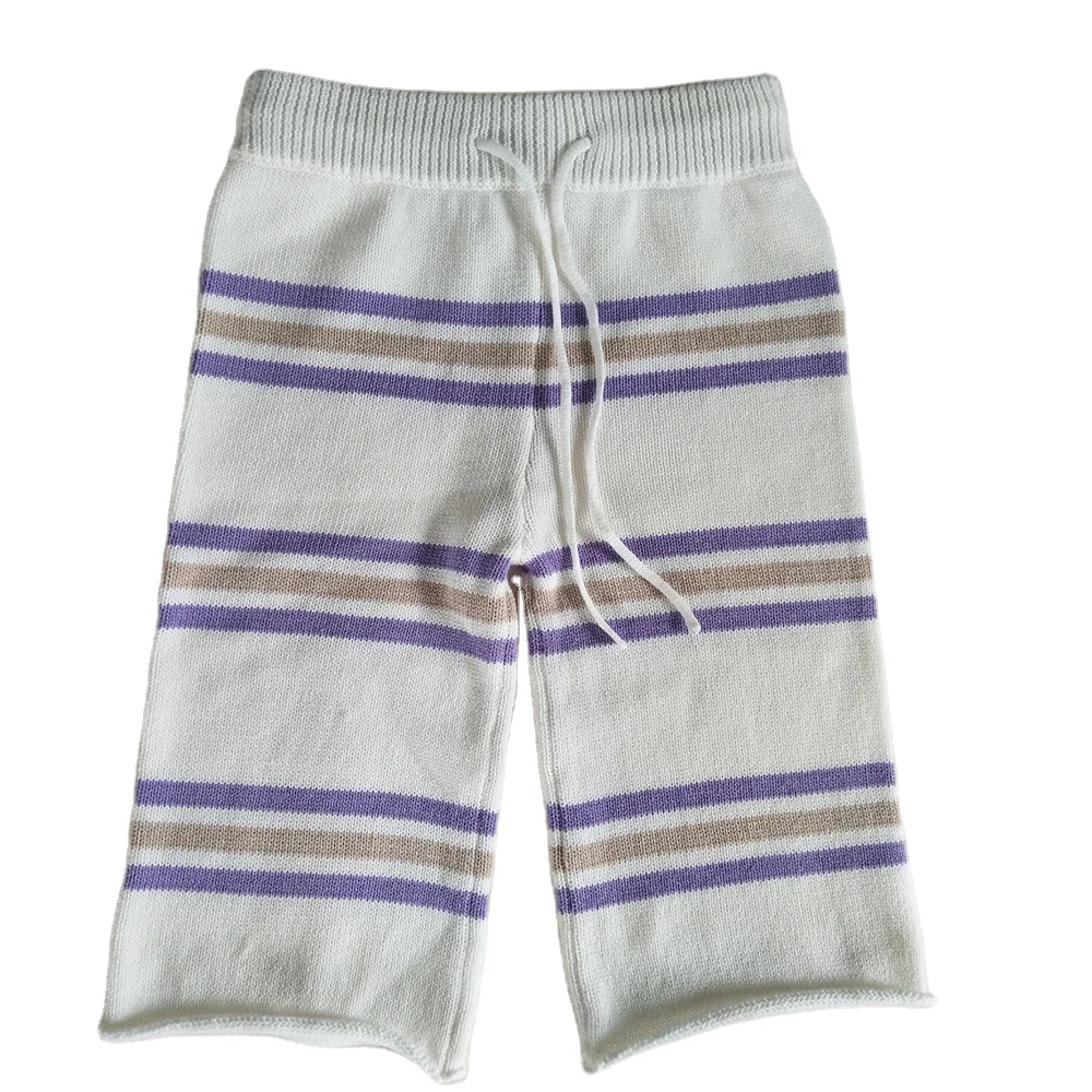 New ODM knitting Plain Spring  Striped 100% Cotton Baby stripe pants kids pants with rolling edge.