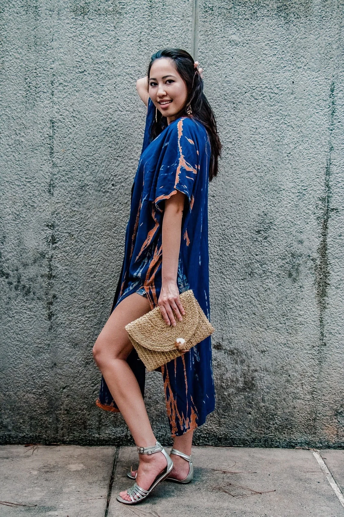 Cheap Wholesale Clothing Factory Oem Tie Dye Kimonos Long Length for Women Beach Wear Cover Blue Boho Style Beach Dress