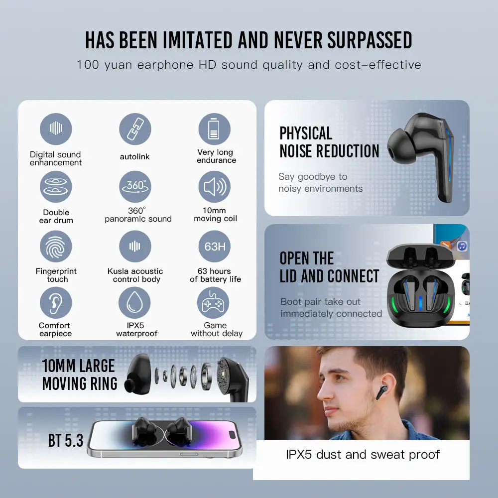 Custom Logo Waterproof TWS Earbuds Wireless In-Ear BT Headphone Gaming Wireless Earphones with Charging Case