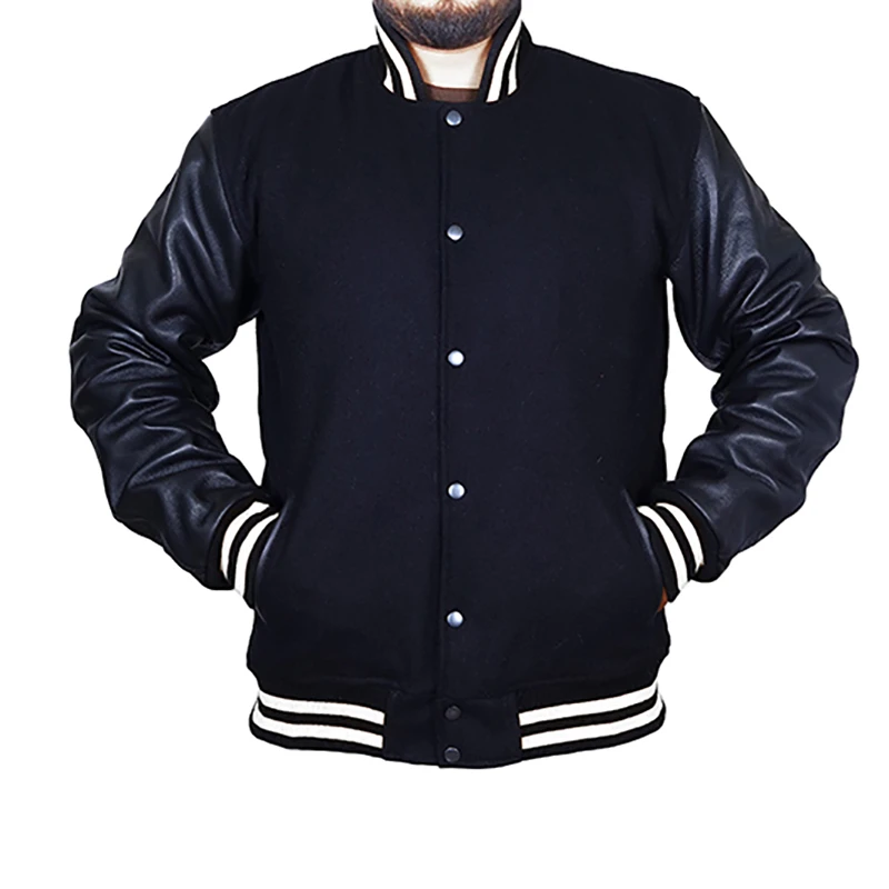 Plain Black Color high  Quality Lettermen Varsity Jackets with leather sleeves Breathable Stylish Men Varsity Jackets OEM