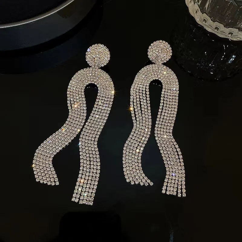 925 silver needle European and American exaggerated party geometric U-shaped ear rings jellyfish diamond tassel long earrings
