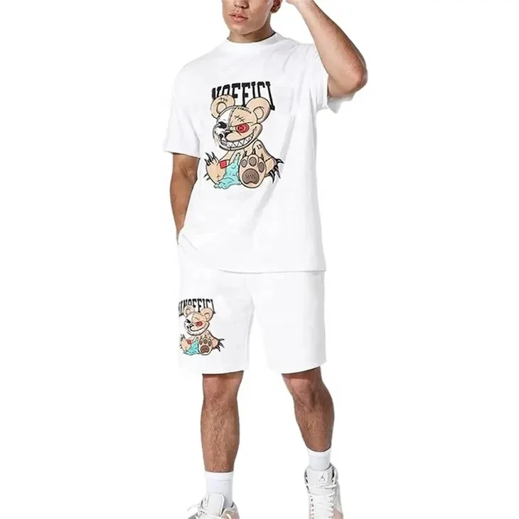 Summer mens clothing two 2 piece t shirt and track shorts set cotton custom short tracksuit sweat shorts matching set for men