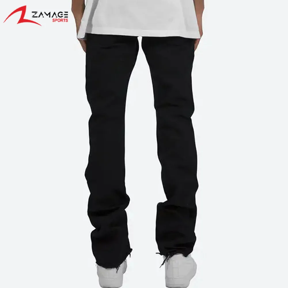 High Street Hip Hop Custom Jeans Skeleton Straight Denim Black Washed Slim Fit Stacked Denim Jeans Pant For Men