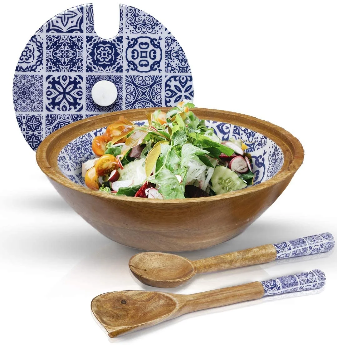 Best Quality Wood and Resin Coated Salad Bowl and Salad Spoon & Fork at Wholesale Rate
