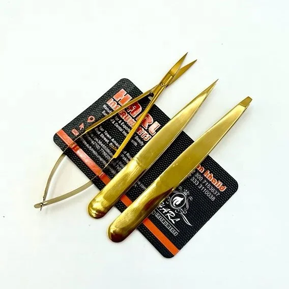 Gold Plasma slanted Eye Brow Tweezers and spring scissor Custom Label pointed eyebrow tweezers and eyelash scissor makeup tools