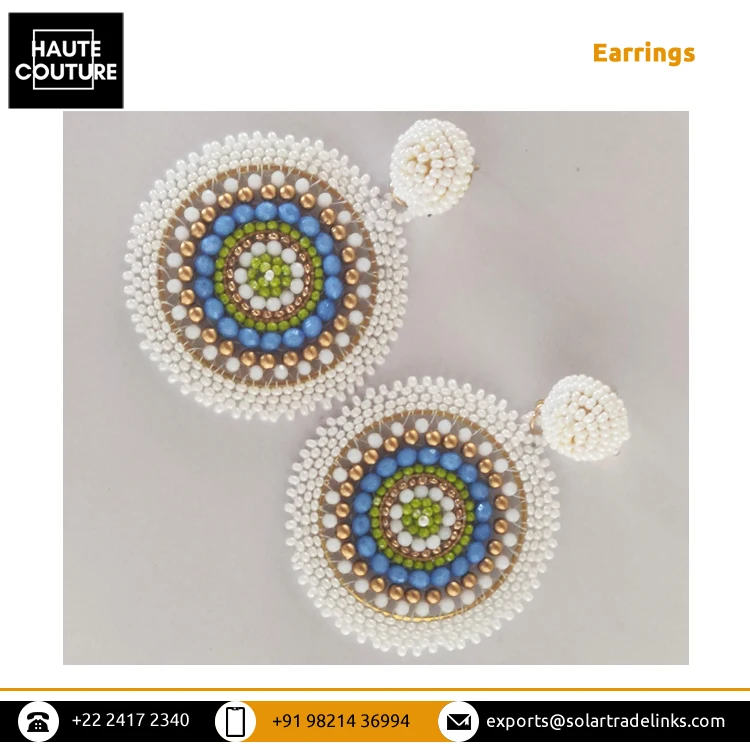 Stunning Collection of Handmade Beaded Earrings - Ivory Blue Green Beaded Round Shape Fashionable Party Wear Earrings