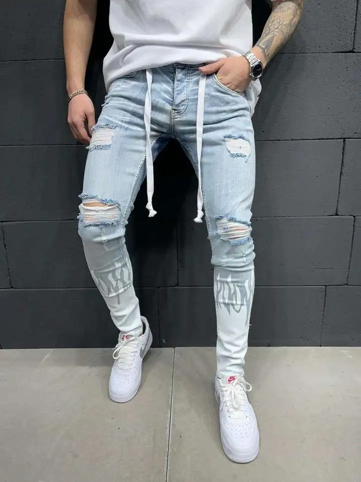 Custom Distressed Washed Black Denim Jeans Pants for men stylish Baggy Hole Super Skinny Jeans
