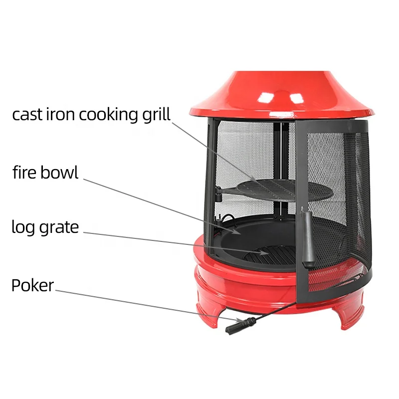 High Temperature Resistant Outdoor Garden Fire Place Red Enamel  Fire Pit with Long Chimney