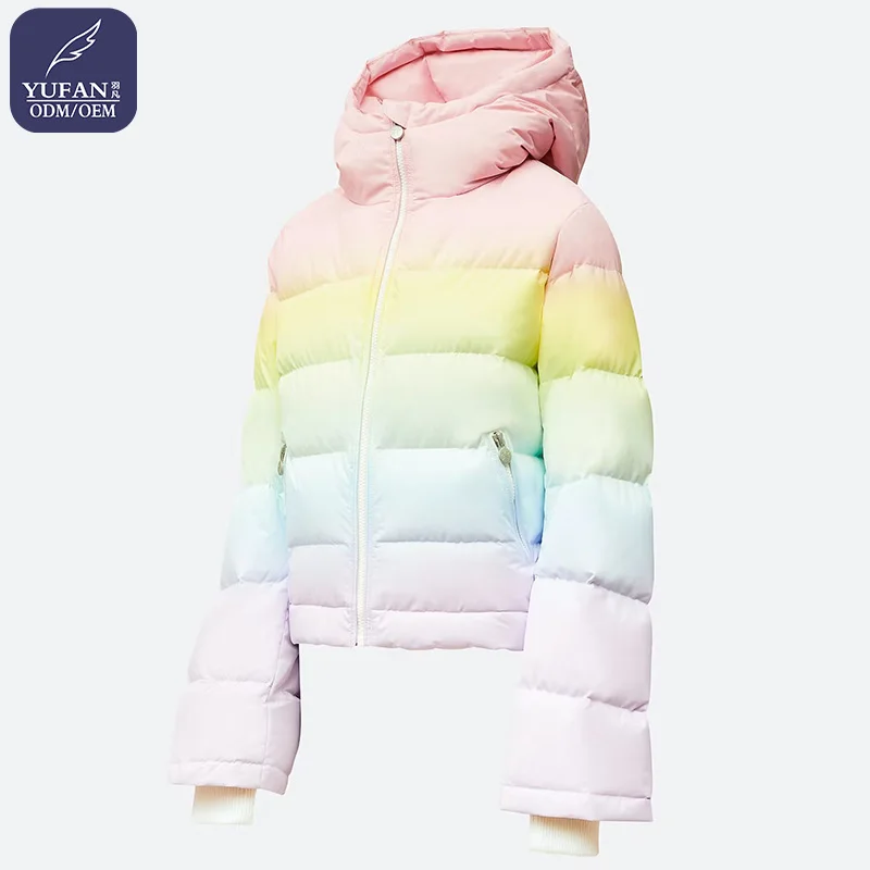 Yufan Custom 2023 Winter Fresh Rainbow Color Hooded Down Jacket Ladies Short Down Coat Casual 90 Duck Down Jacket