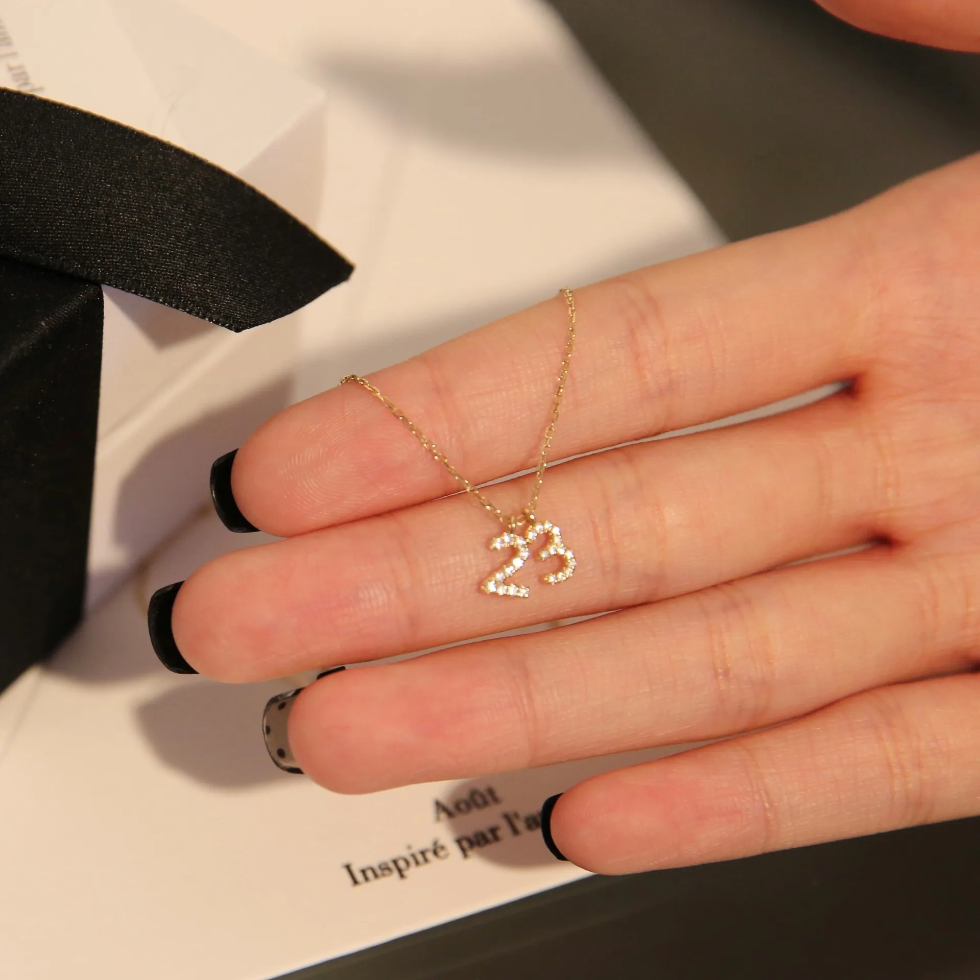 Personality simple 925 sterling silver plated 18K gold diamond number 23 pendant necklace clavicle chain