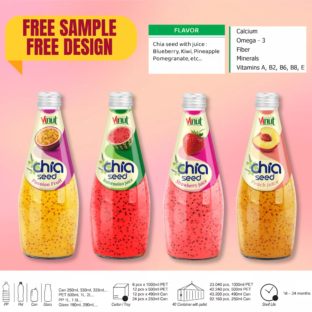 Vietnam Manufacturer Chia Seed Peach Juice Drink 290ml VINUT - Free Sample & Design, Wholesale Best Price,OEM/ODM