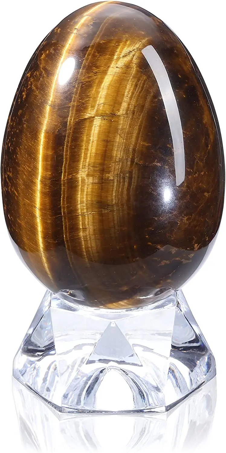 Tiger Eye Egg Sphere Sculpture Reiki Healing Crystal Gemstone Ball Divination Figurine with Acrylic Stand for Home Decoration