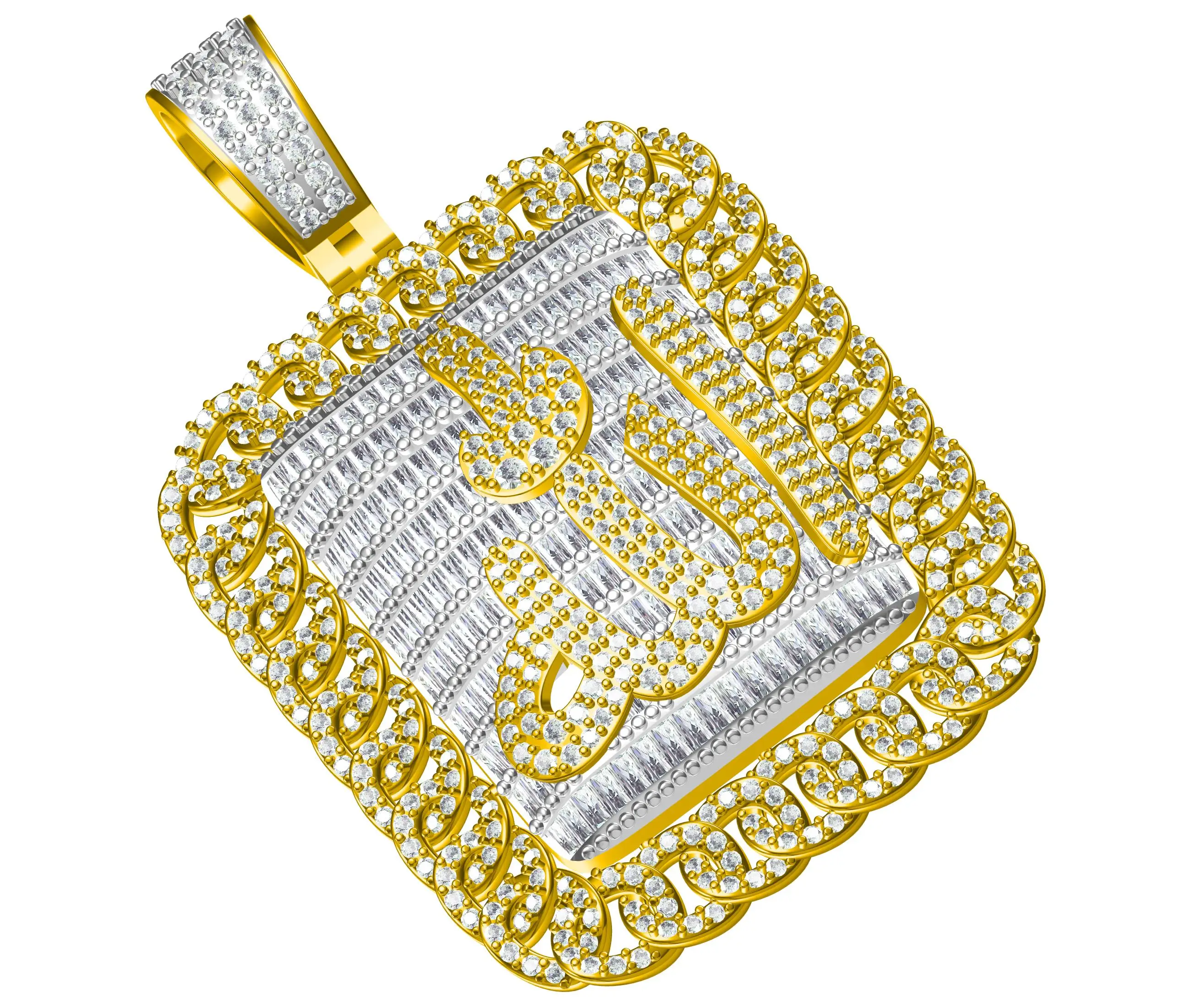 Allah diamond pendant Religious Word Diamond Gold Pendant with Round and Baguette Diamond in 10kt White Rose and Yellow Gold