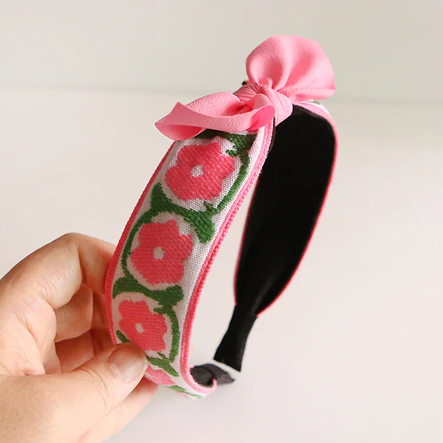 Girls Cute Embroidered Camellia Flower Ribbon Headband Korea fashion hair accessory