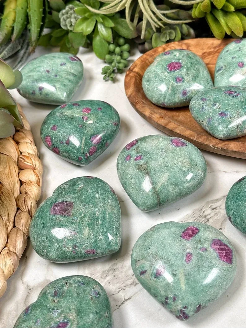 Natural Ruby Fuchsite Puffy Hearts With Nice Little Rubies Polished Ruby Fuchsite Crystal Hearts Fengshui Decoration And Gifts