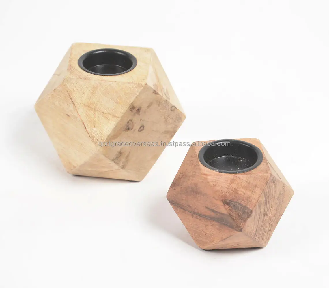 Best Quality Acacia Wood Diamond cuts wooden tealight holders (set of 2)
