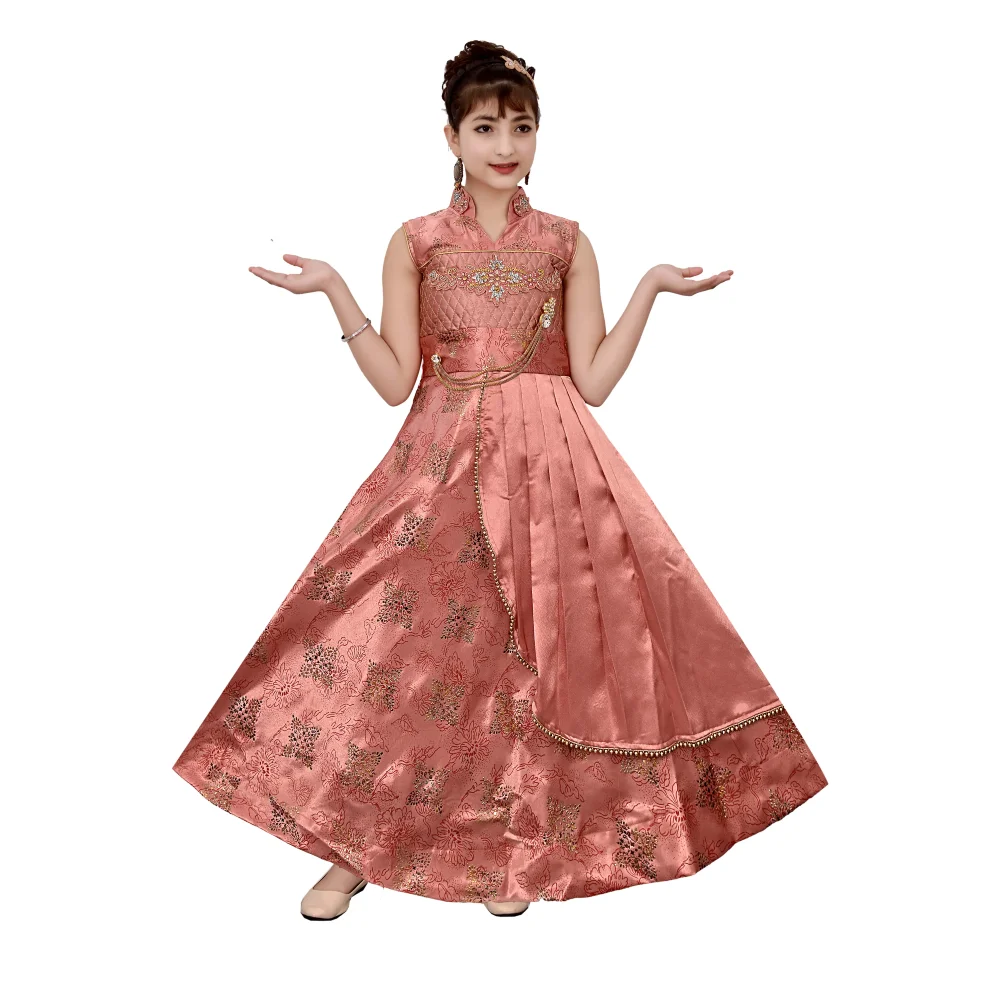 Best Quality Silk Satin Floral Print Long Maxi Gown Dress Girls 4-11 Years Sleeveless Party Spring Most Children Clothing