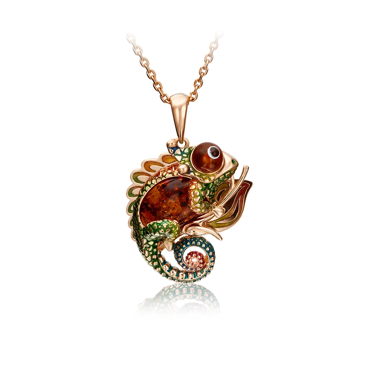 Stylish Unique Design Chameleon Pendant 14K Solid Rose Yellow White Gold  Amber Enamel   Fine Jewelry OEM ODM