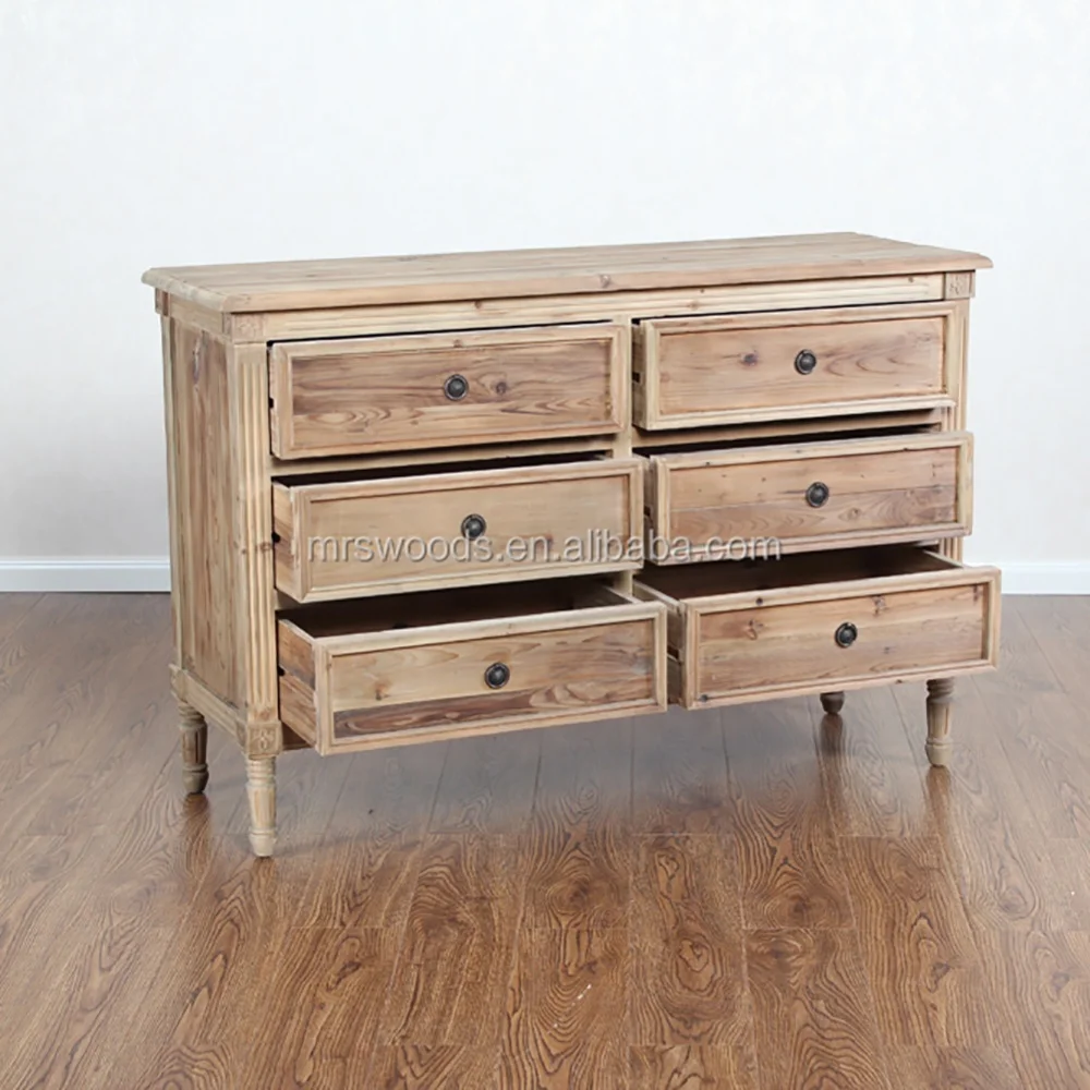 MRS WOODS Living Room Furniture Classic Large Rustic Reclaimed Wood Chest Of 6 Drawers Dresser Storage Cabinet