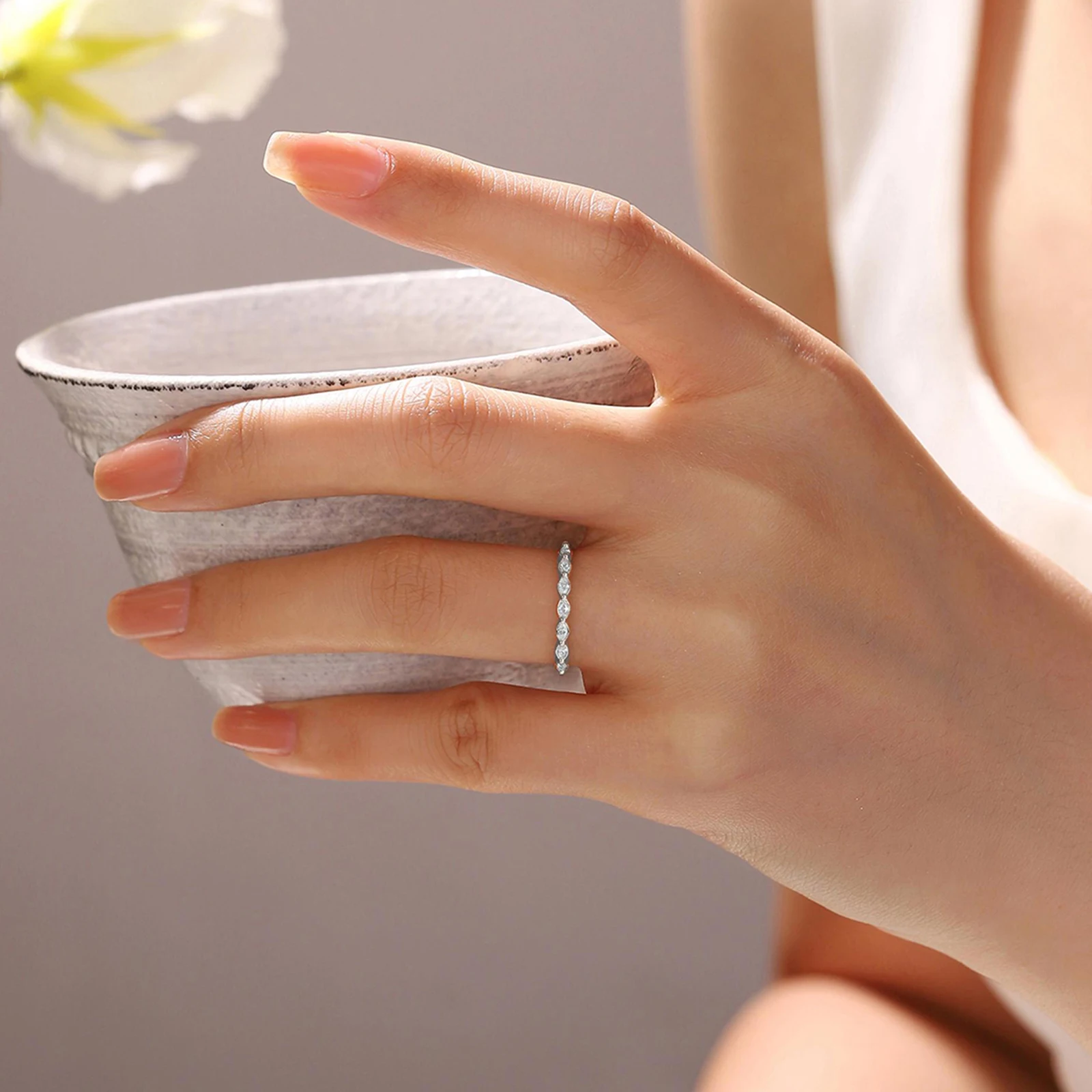 White Gold Diamond Moissanite Wedding Band Women Vintage Marquise Cut Seven Stone Stacking Delicate Matching Bridal Promise Ring