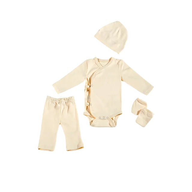 100% Cotton 4-Piece High Quality Baby Clothing Gift Set-Long Sleeve Double-Breasted Bodysuit Hat-Cream Color Worldwide Shipping