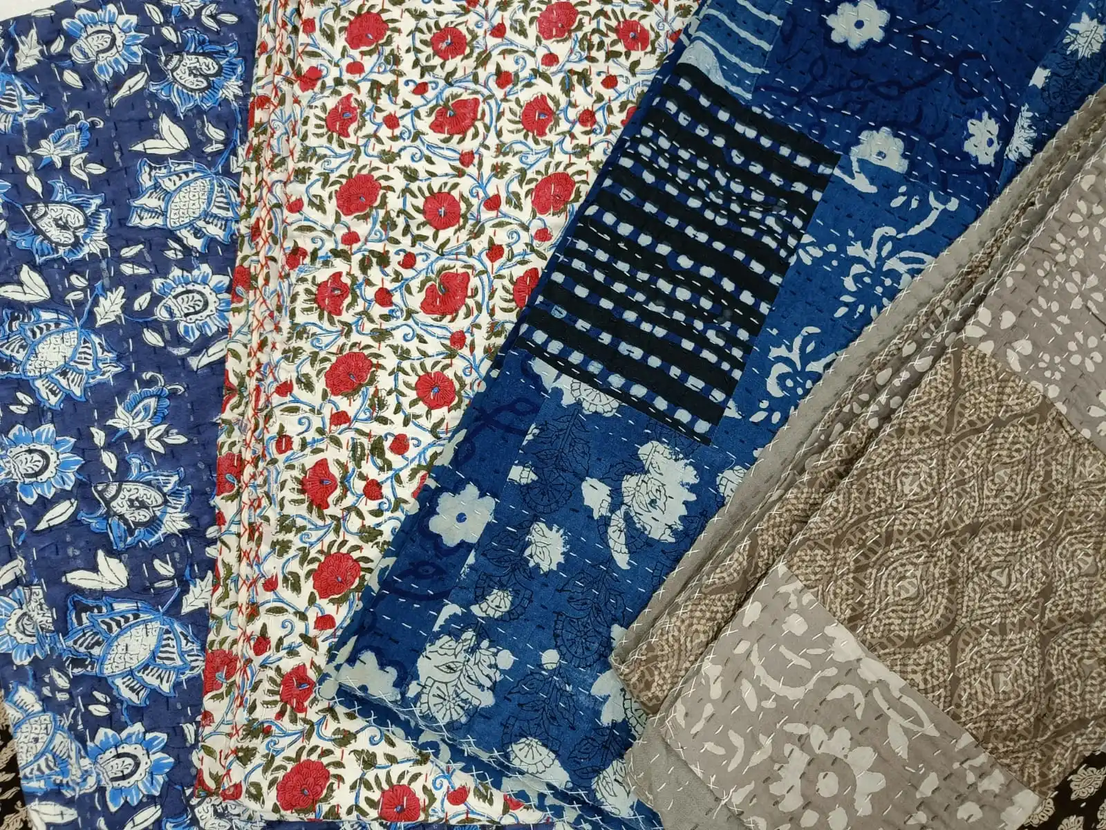 Indian Hand Block Kantha Bed Cover Gudari Indigo Patchwork Printed 100% Cotton