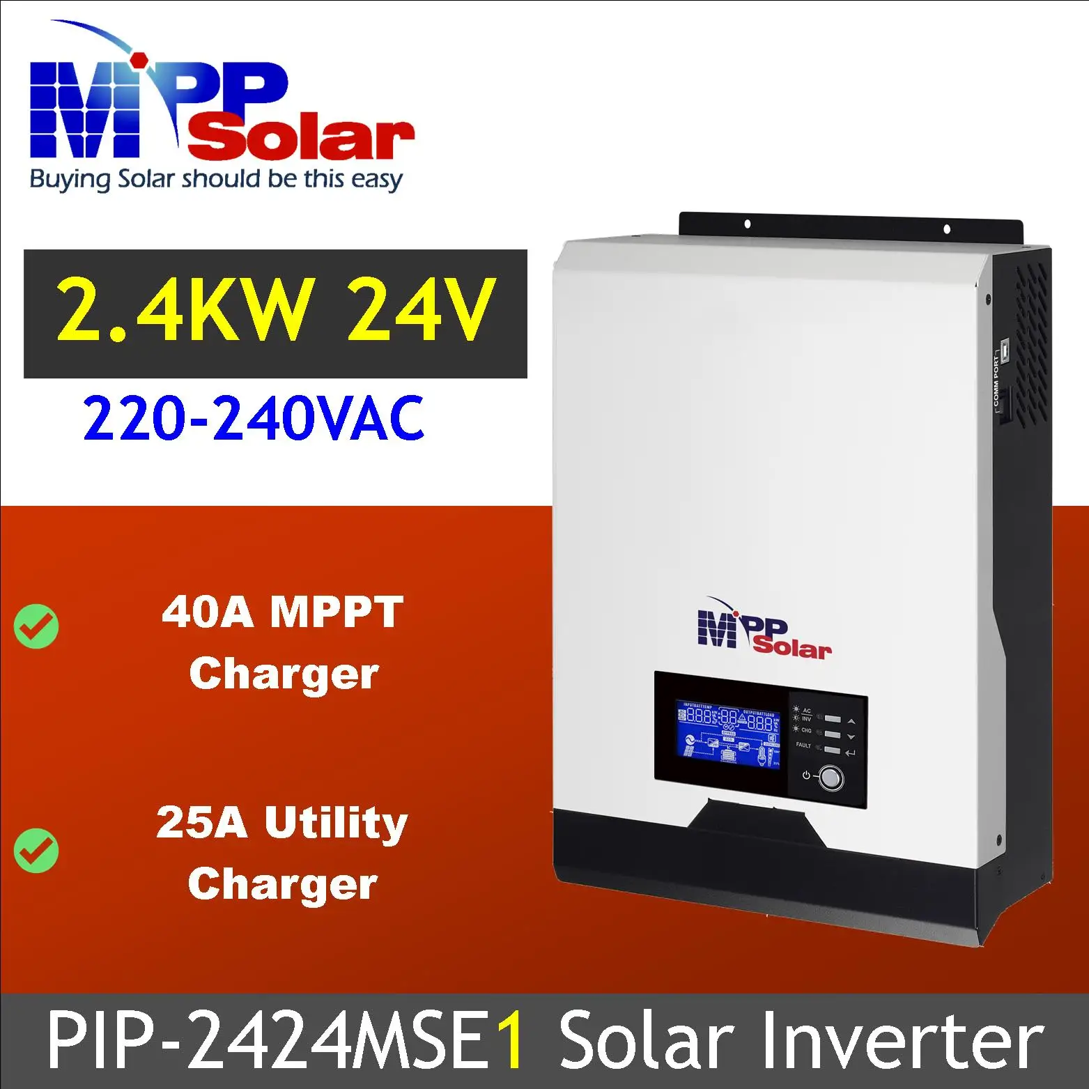PIP2424MSE1 2400w 230v 24V MPP Solar Pure Sine Wave Solar Inverter 40A MPPT Solar Charger 25A Battery Charger