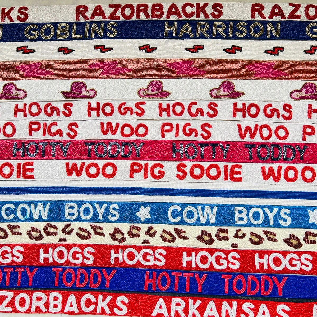 New Beaded Gameday Strap 2023 Hand Beaded customised WOO PIG SOOIE Beaded Bag Strap College Game Day, Arkansas Razorbacks