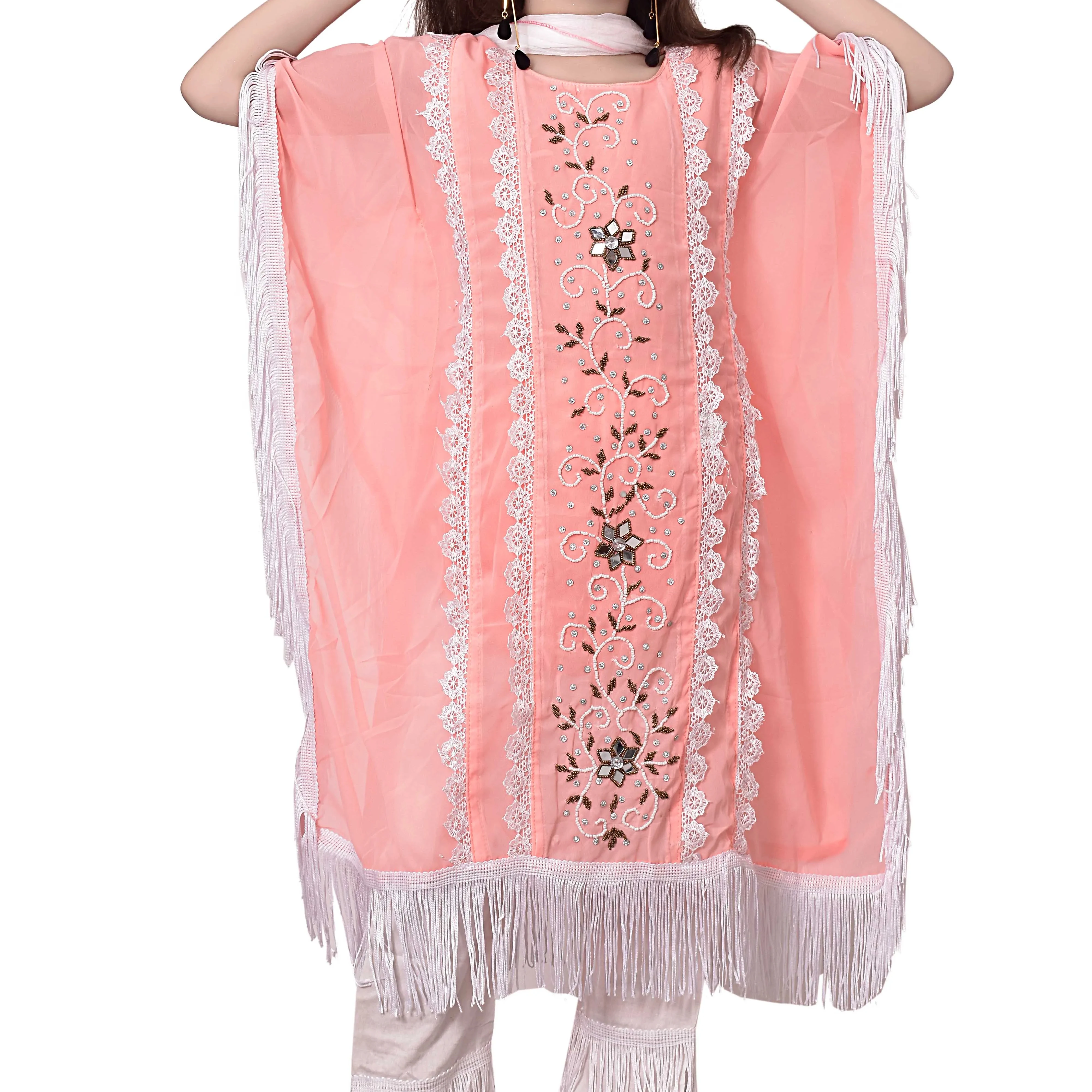 Handcrafted Mirror Moti Work Girls Kaftan Top Bottom Set Ethnic Casual Wear Chiffon Dress Digital Printing Tassel India Children