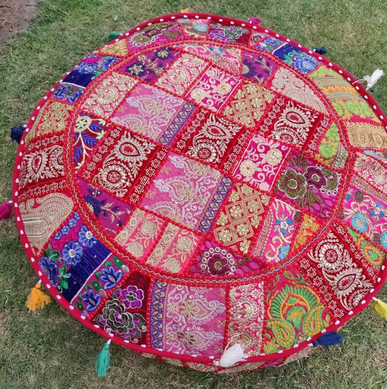 Indian patchwork round floor cushion cover Hand embroidered pillow cover Handmade banjara decorative floor cushion throw pillow