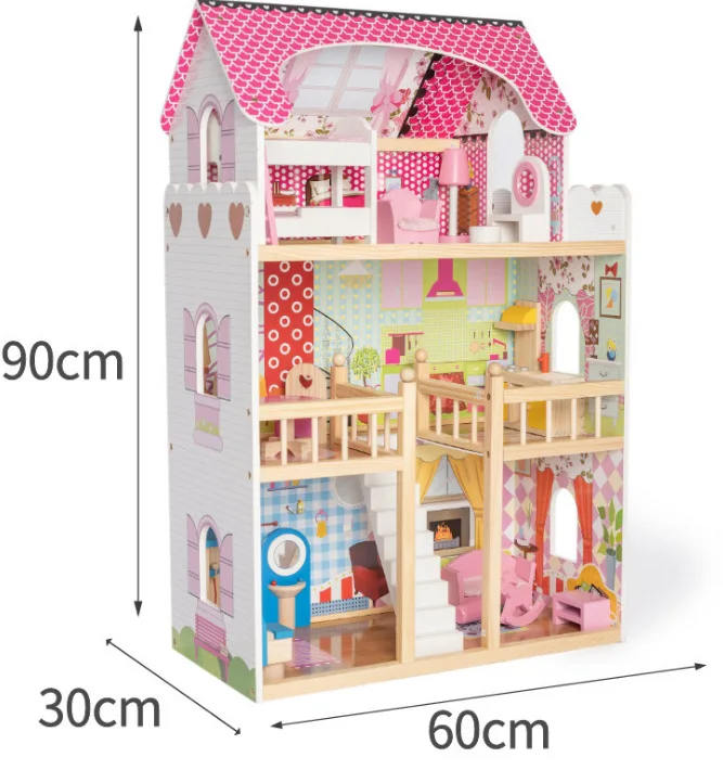 Pretend Role Play DIY Educational Toy Big Kids Wooden Doll House Villa With Doll Room Furniture Dollhouse
