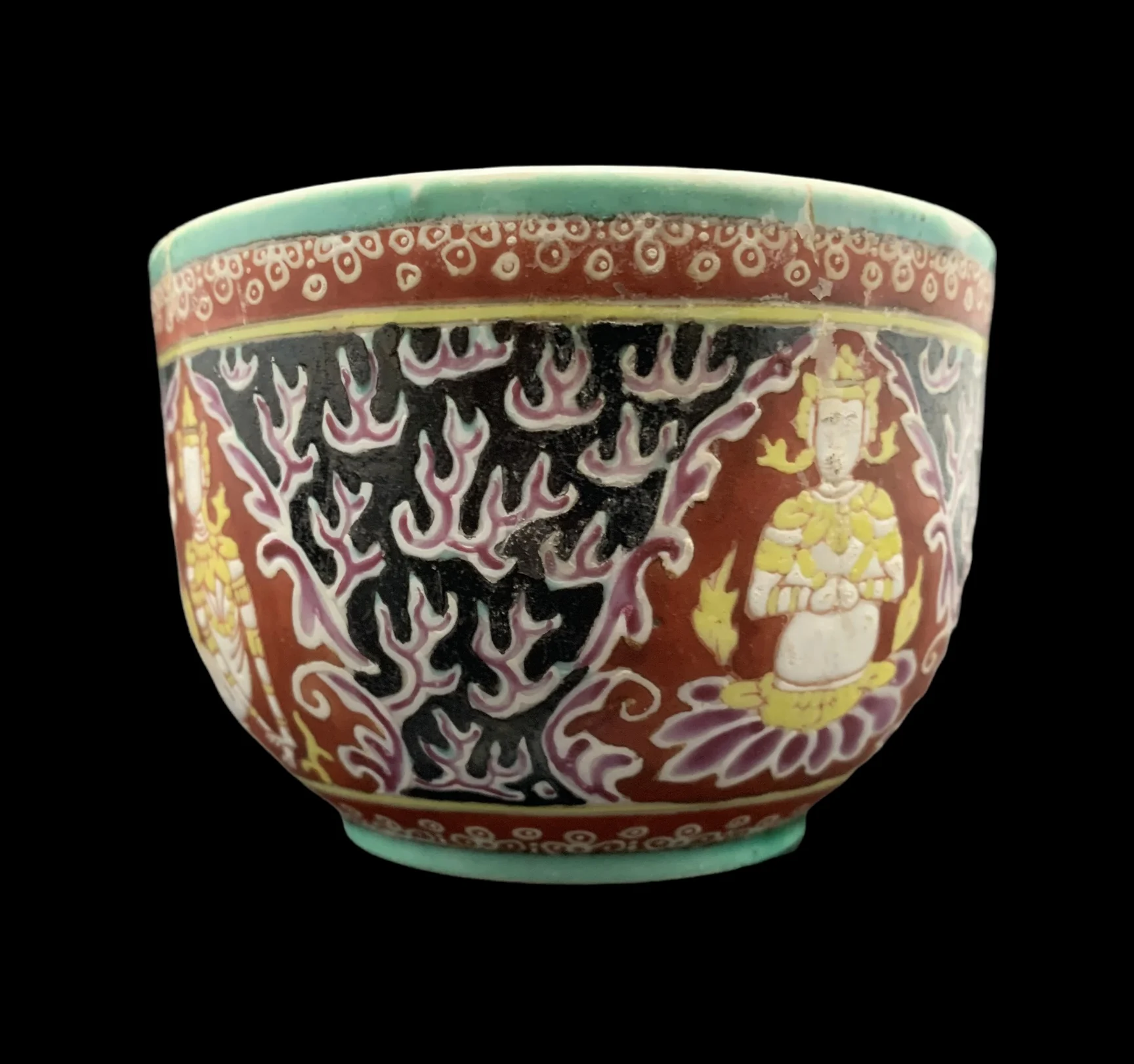 Antique Benjarong ceramic Covered Jar Painted With Theppanom Alter Nathing With Norasingha On Black Ground For Collectible