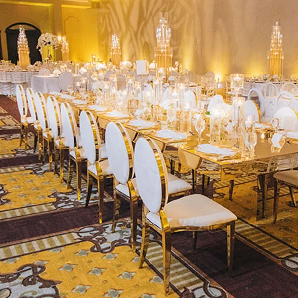 Wedding event luxury Round O back design party rental movable cushion metal stainless steel gold chairs for event