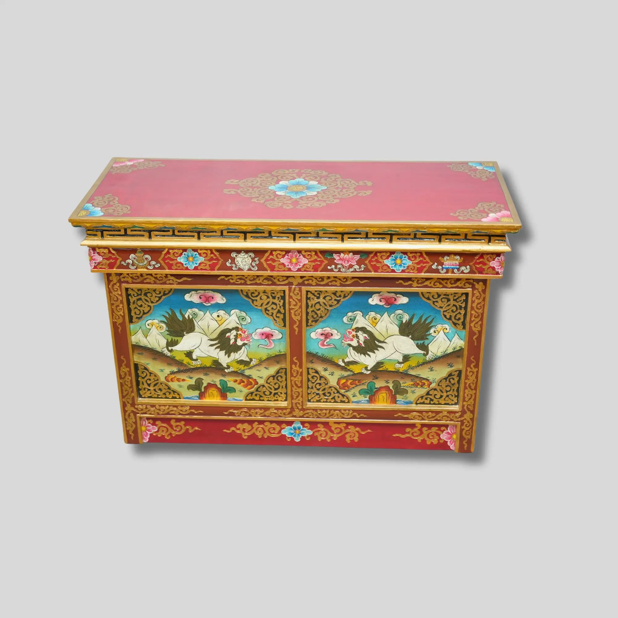 Handmade Tibetan Puja Shrine Table | Lion Face Tangka Hand-Carved and Painted | Traditional Tibetan Motifs by Skilled Craftsmen