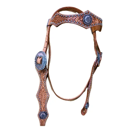 Top quality Western leather Headstall with very fine hand tooled and  carving with brass fancy buckle with  studs