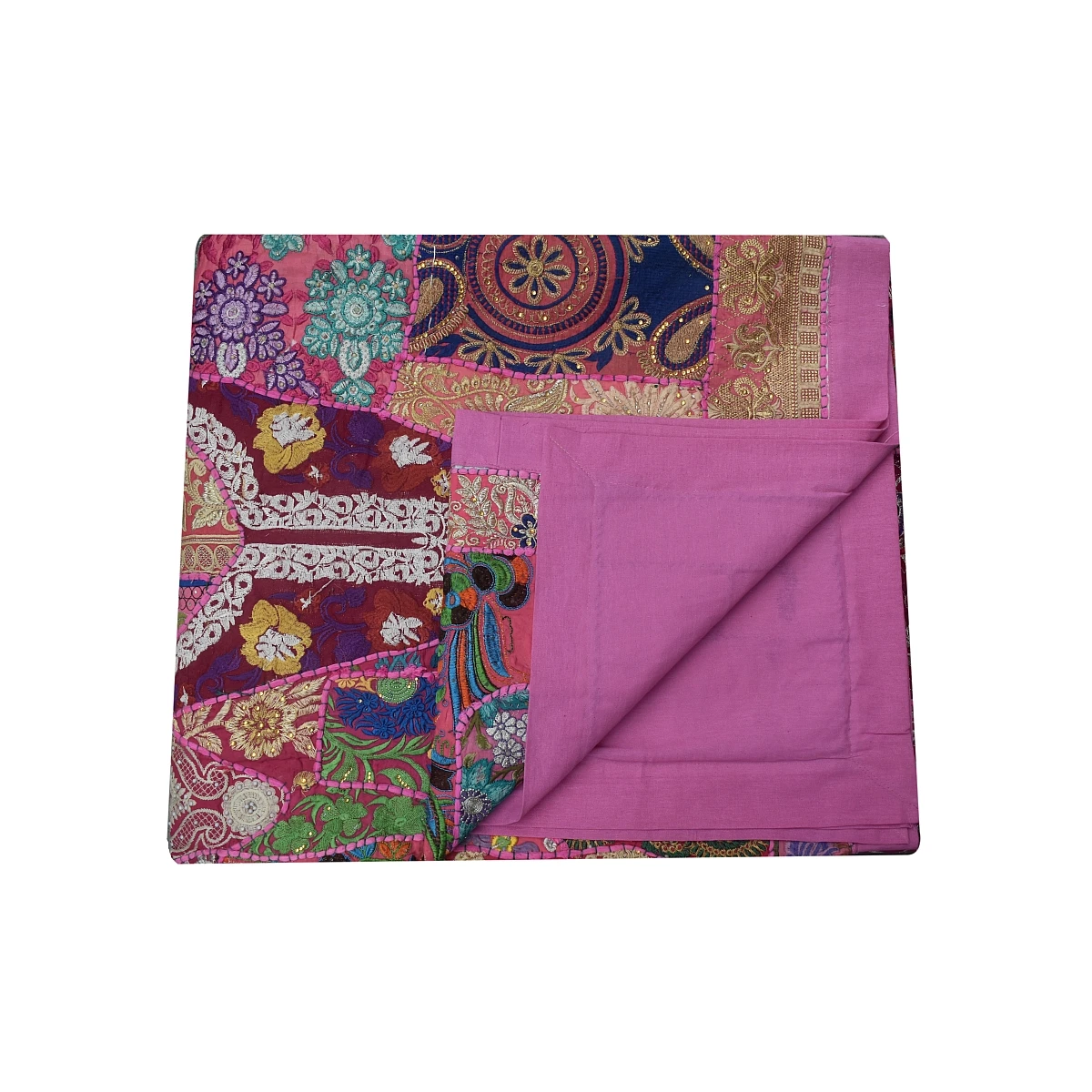 Wholesale Indian bohemian queen size hand stitched patchwork design pink color rare vintage sari quilt, throw and blanket