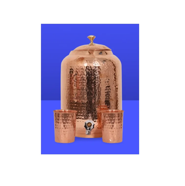 Best Quality Copper Water Cooler Custom Handmade Hammered Water Cooler Copper With Glass and Steel Stand Made in India