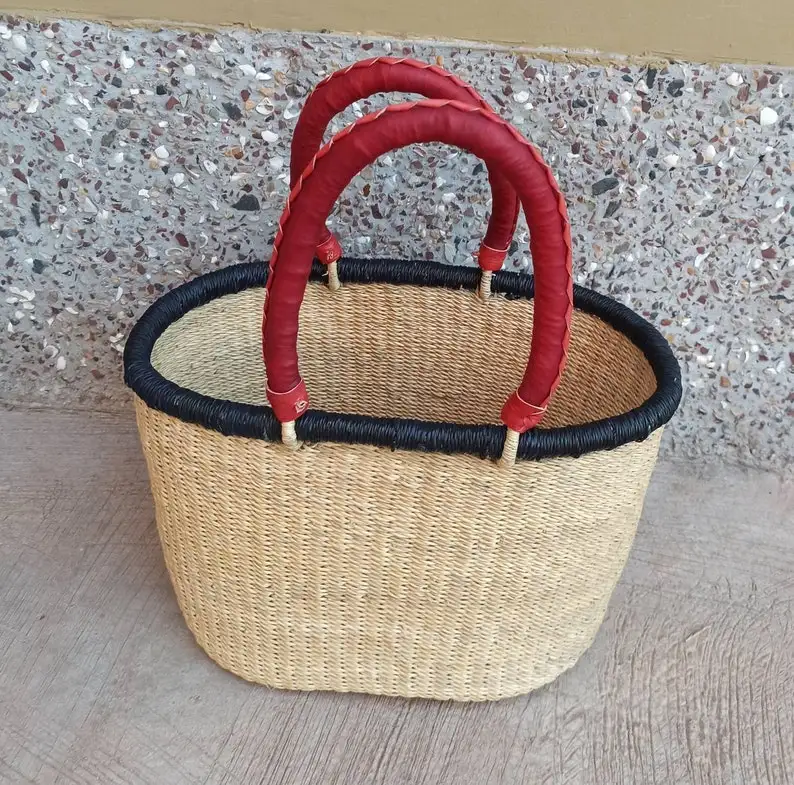 African Bolga Woven Market Basket, Large Storage Basket, Straw Bag