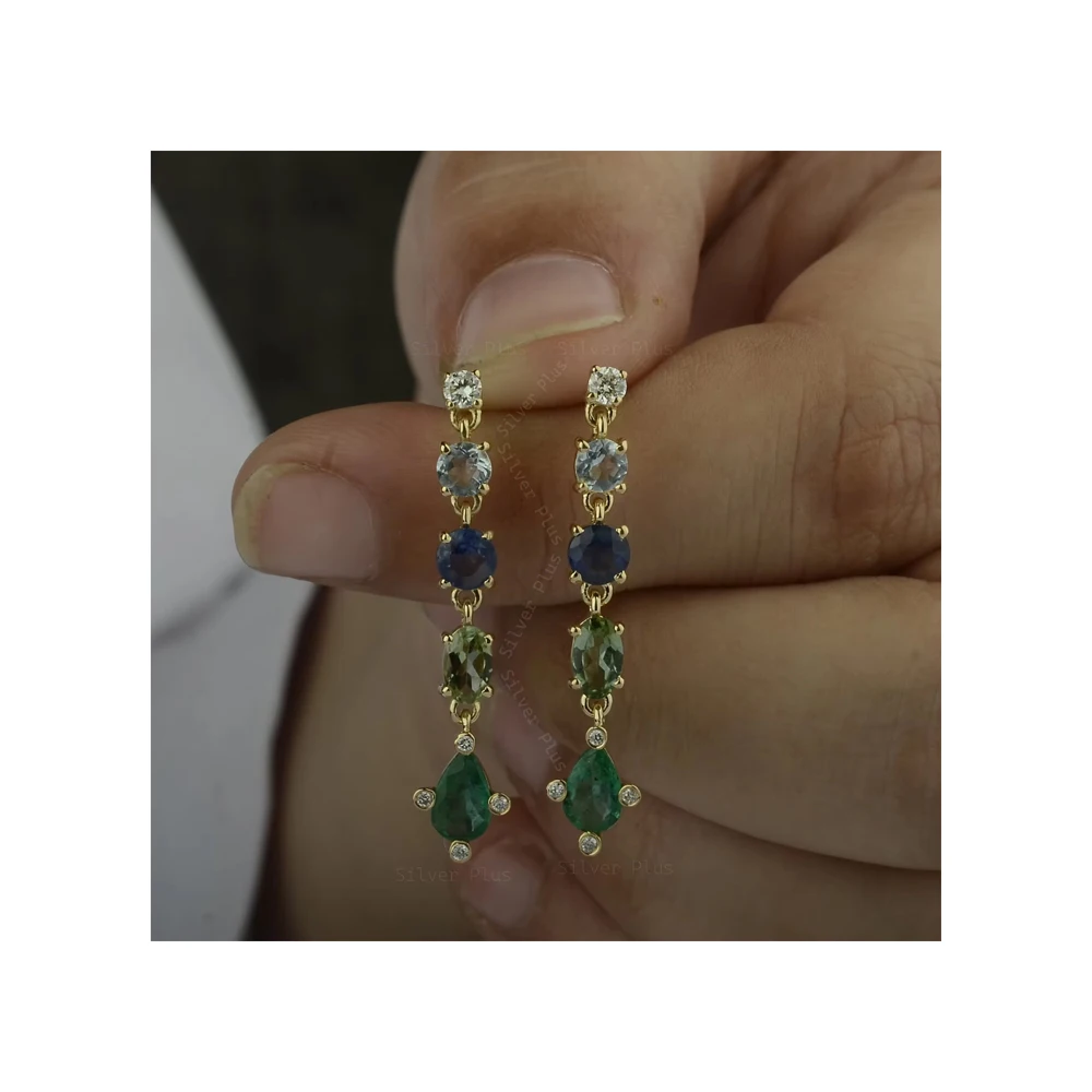 New Style Long Tassel Drop Earrings Solid 18k Gold Multi Layer Natural Stone Diamond Long Drop Earrings For Women