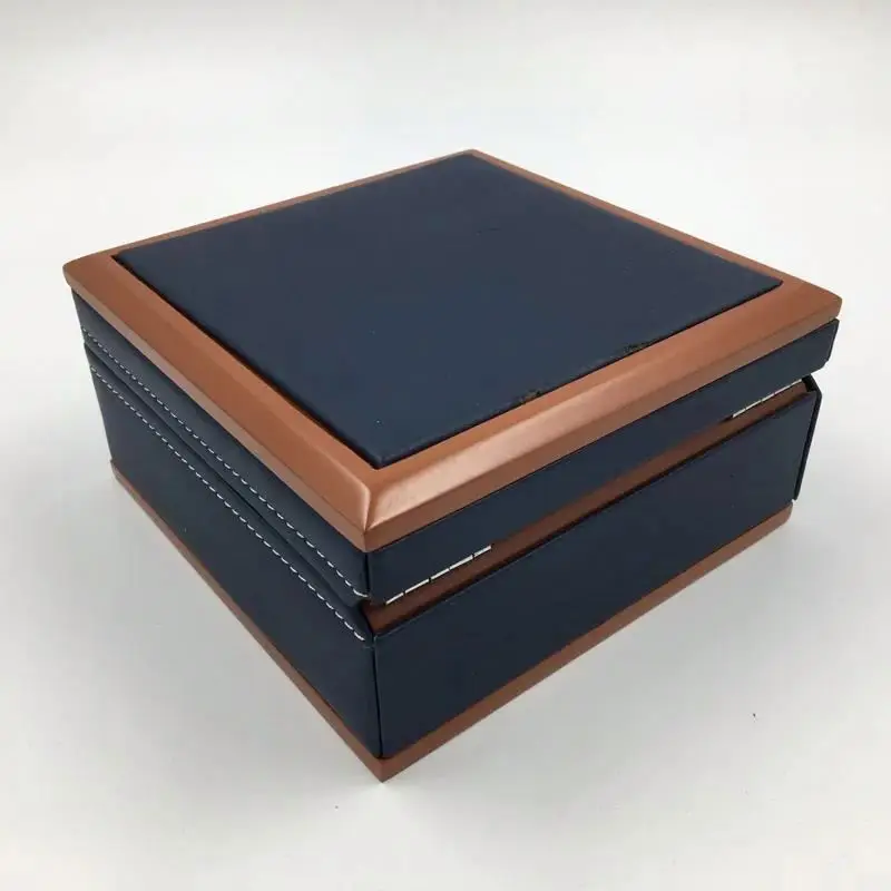 Hot Sale Professional Unique Single Dark Blue Wooden Watch Leather Storage Orgaenizer Box