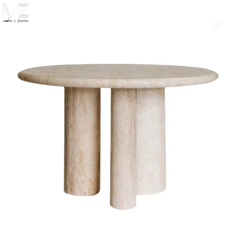 Modern Dining Room Furniture Oval Dinning Table Three Column Basse Beige Stone Round Travertin Travertine Marble Dining Table