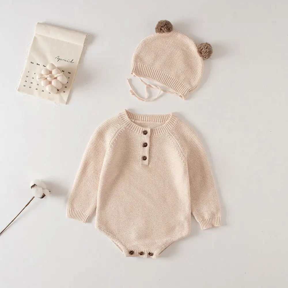 Korean Ins Newborn Baby Cotton Knitted Cute Little Hat Long Sleeve Romper