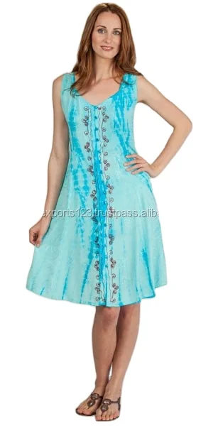RESORT WEAR COTTON TIE DYE BABY DOLL RAYON SHORT DRESS INDIAN TIE & DYE BEACH DRESS WITH PURE COTTON