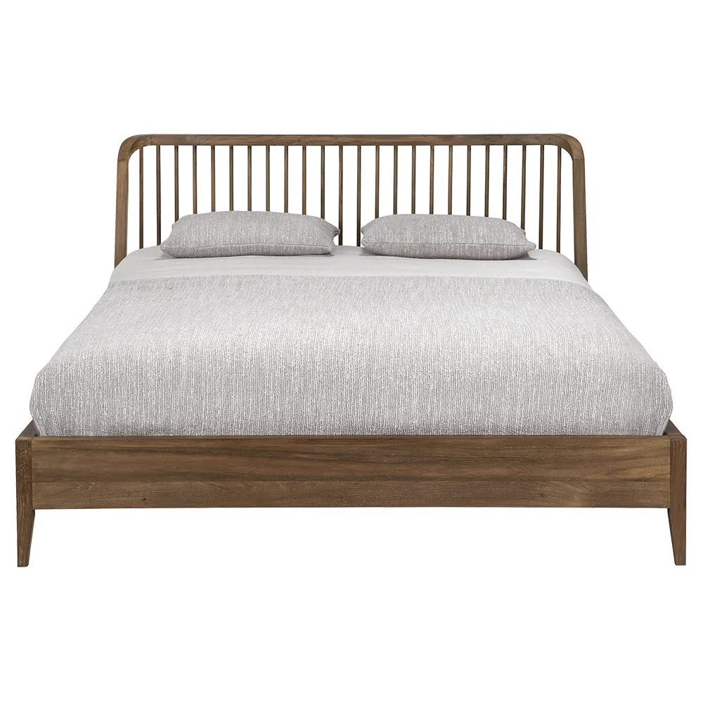 Modern and Contemporary Teak Wood Bed in Spindle Design with Natural Wooden King Size Floating Bed Frame for Full Bedrooms