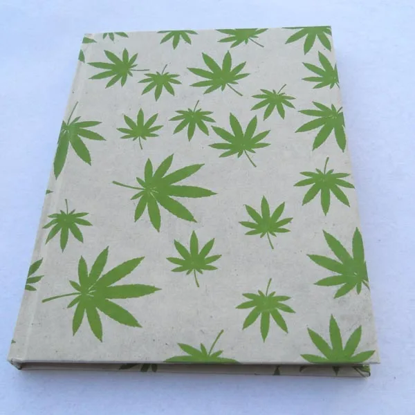 Recycled Handmade Paper Hard Cover Diary Notebook Printed Hemp Leaves All Around Wood Free Paper Note book
