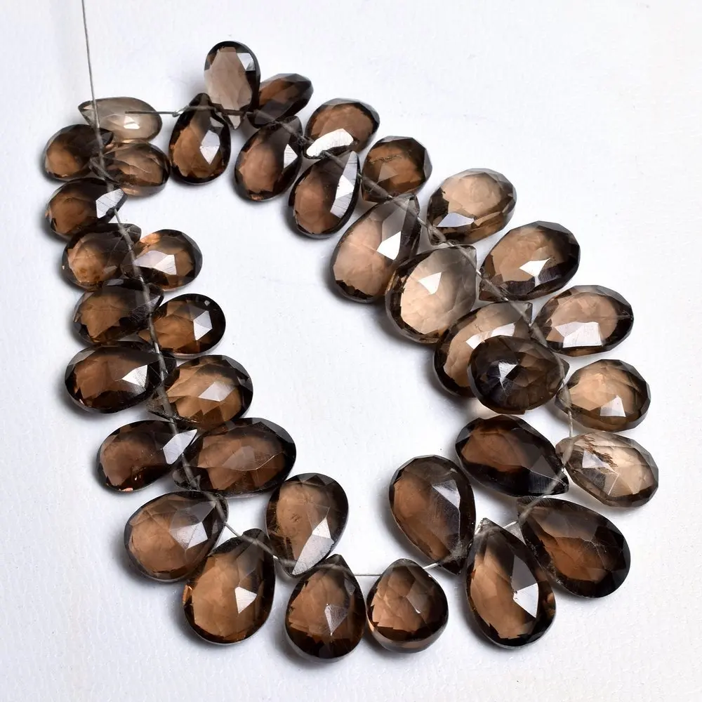 8-Inch Natural Smoky Quartz Faceted Briolette & Pear Beads Fancy Drill Wholesale Stone Beads for Jewelry Use
